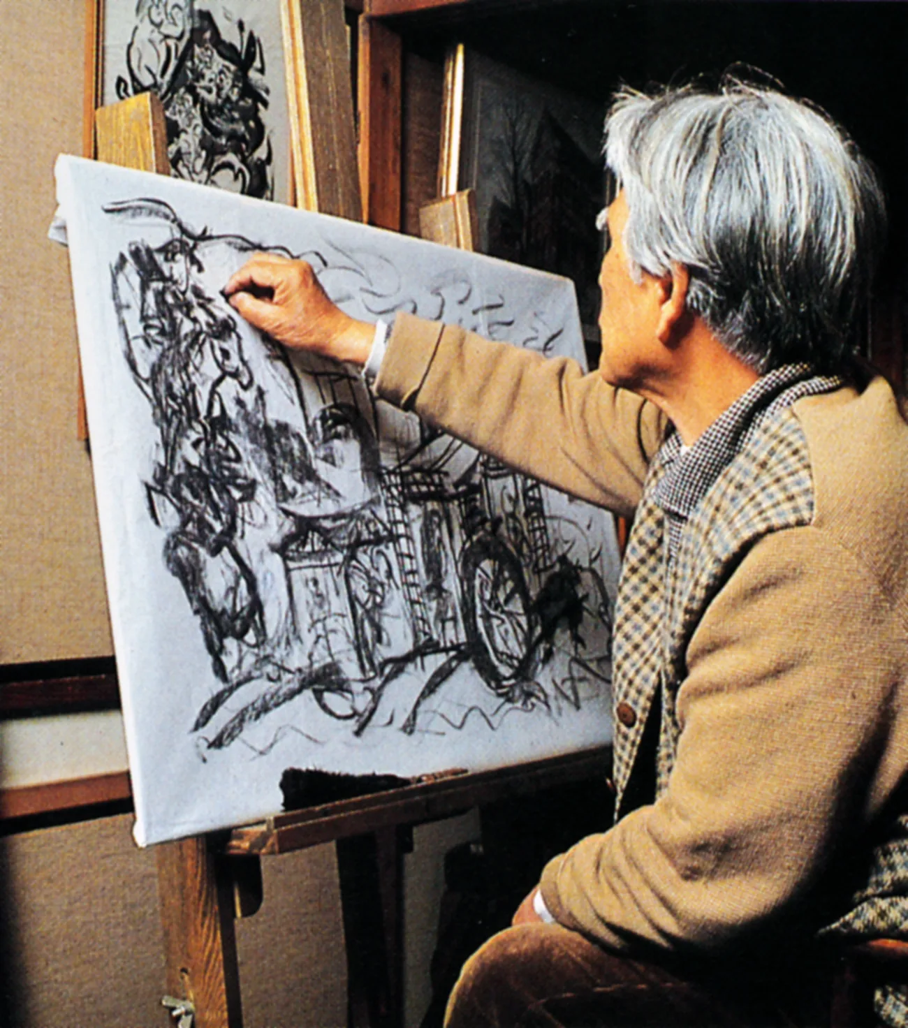 工程1：原寸大の下絵を描き、渋紙にはりつける